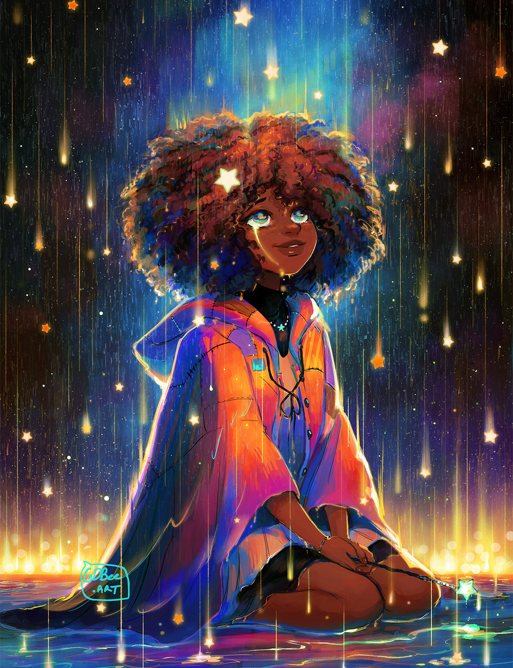 Digital art of a girl with curly hair gazing at glowing stars, vibrant GDBee.ART print