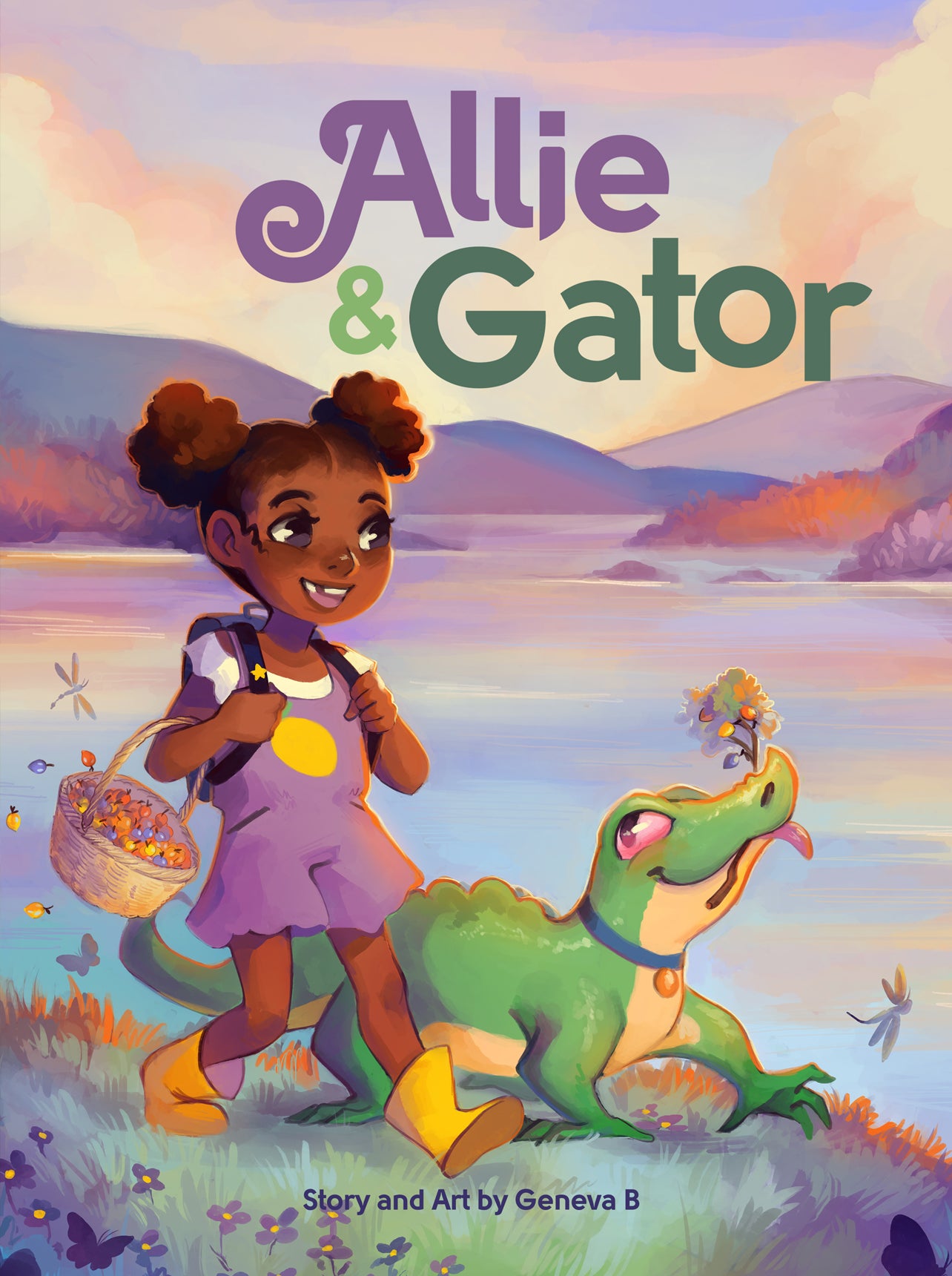 Illustrated book cover with a smiling girl in a purple dress and boots walking next to a friendly alligator, pastel landscape background, GDBee Art Print Store style.