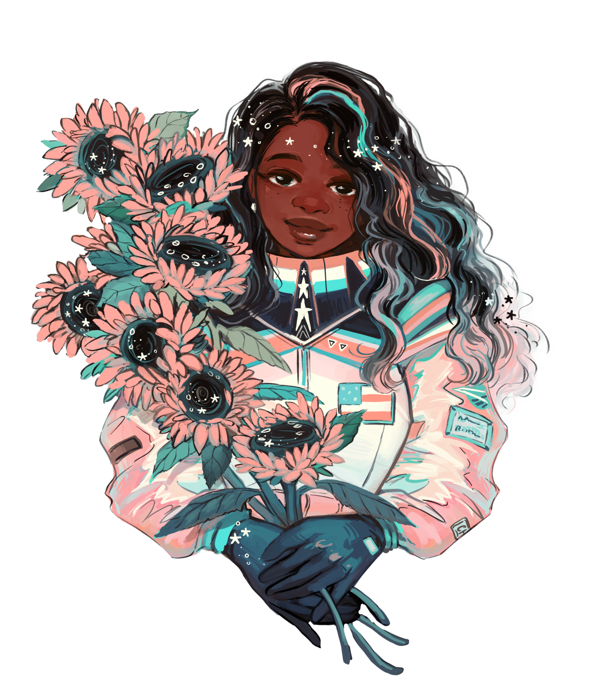 Afrofuturistic astronaut holding cosmic sunflowers digital art, GDBEE Art Print Store