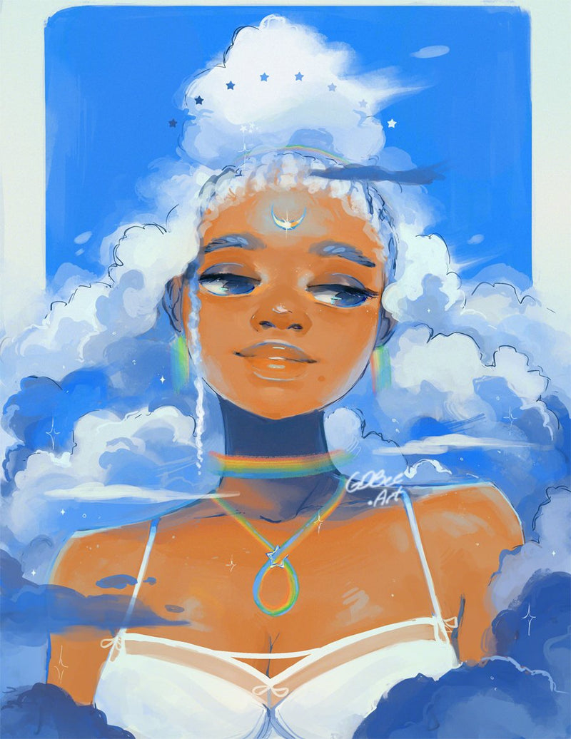 Digital art print of a woman with clouds and stars, blue sky background, by GDBEE Art.