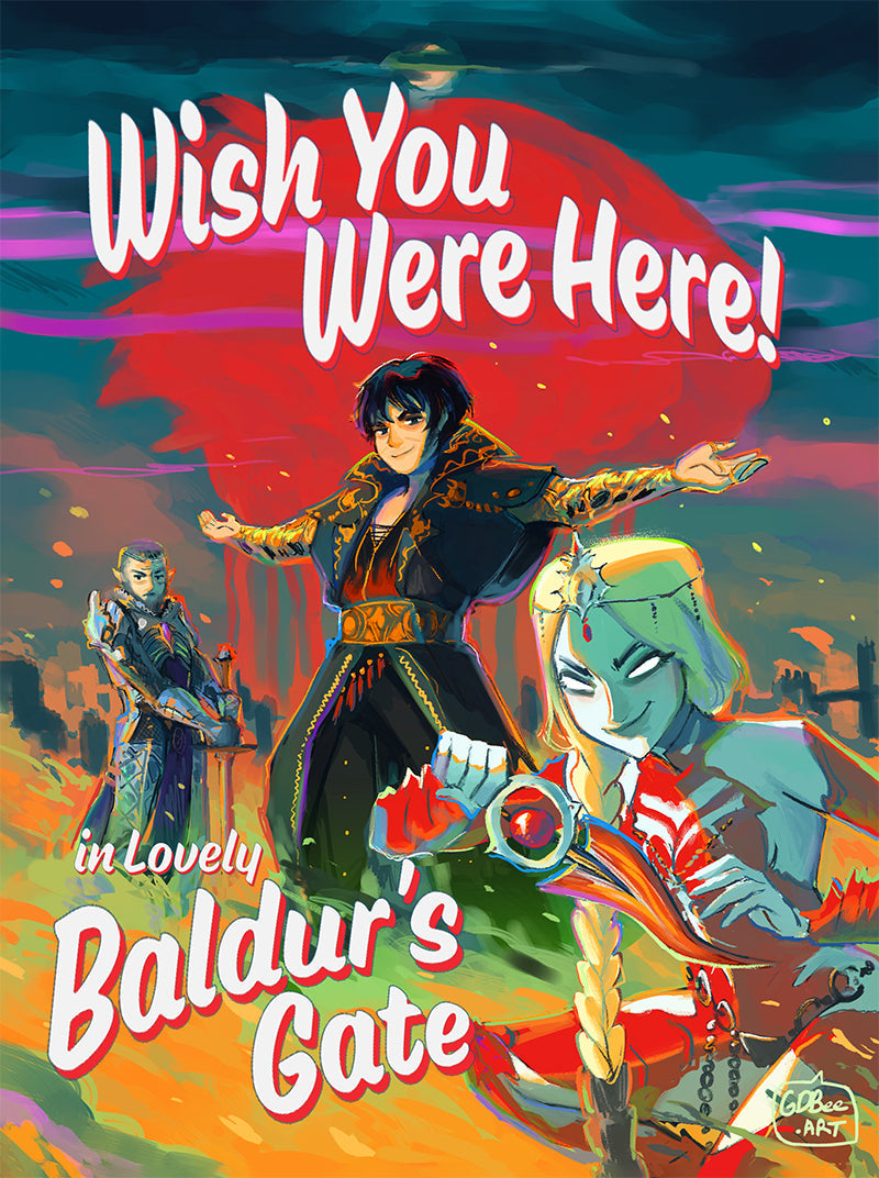 Colorful GDBee fantasy art of three diverse characters at a party with birthday cake and confetti