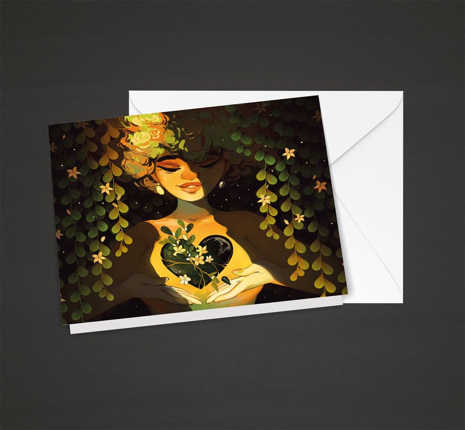 GDBee art print of a serene woman with flowers and leaves, holding a glowing heart.
