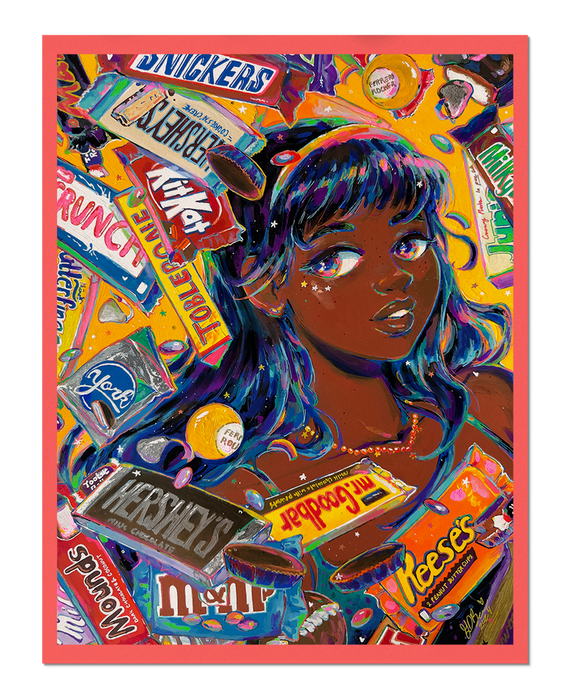 GDBee.ART vibrant art print of a woman surrounded by colorful candy wrappers and chocolate bars