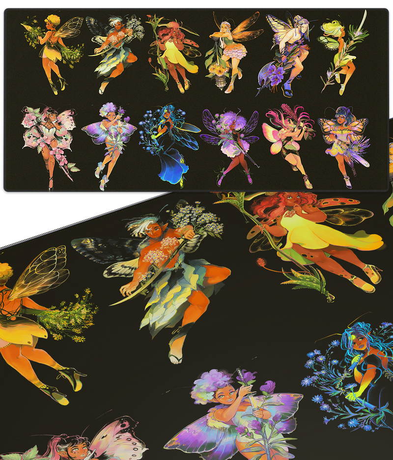 Colorful fairy characters with floral wings art on a black deskmat, GDBEE.ART print design