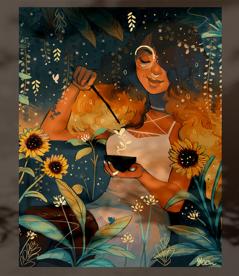 GDBee art print of a woman with glasses and yellow hair, surrounded by sunflowers and foliage.