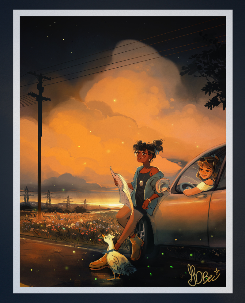 Two girls with a map and a goose by a car at sunset, GDBee art print style