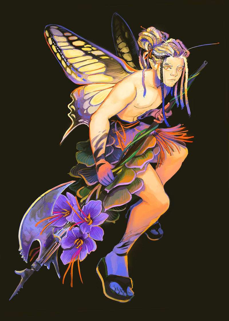 Fantasy fairy art print featuring butterfly wings, vibrant flowers, and a glowing staff, GDBee.ART
