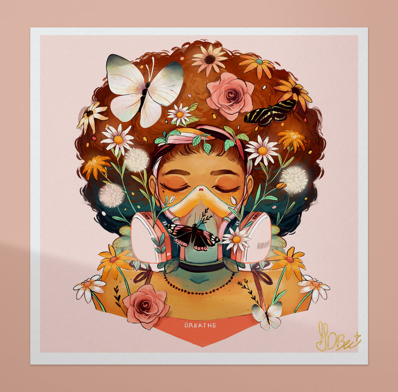 Colorful GDBEE art print of woman with natural hair, flowers, butterflies, and face mask