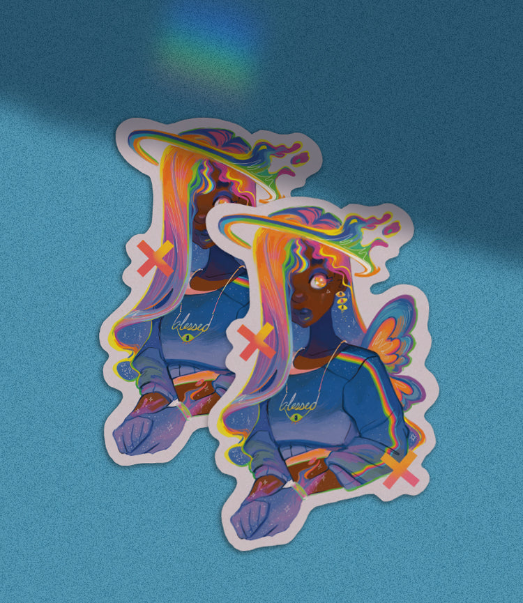 Colorful space-themed GDBee sticker featuring a vibrant character with rainbow hair and blue skin.