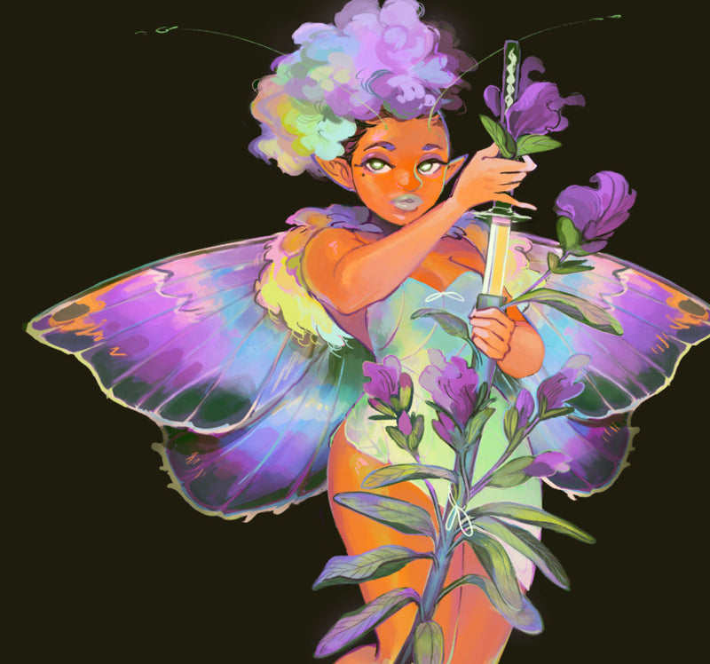 Colorful fantasy moth-winged fairy holding sword and purple flowers, GDBee Art Print