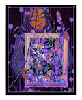 Vibrant GDBee Art print of a serene woman with purple flowers and glowing accents in a decorative frame
