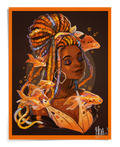 GDBee art print of a serene woman with orange braids surrounded by goldfish, dark background