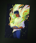 Stylized art print of a person holding a glowing magic book, neon colors, GDBee Art Print Store