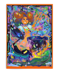 Colorful abstract artwork with a central figure and various elements including alligator dragon cooking jambalaya with a witch