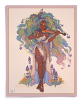 Colorful art print of a woman with flowing hair and flowers playing violin, GDBee Art style