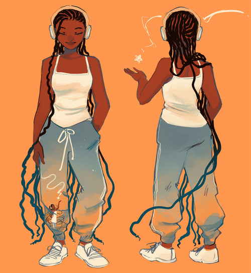 Art print of a girl with headphones, braids, ombre sweatpants, and a whimsical fairy, GDBee.ART style