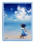 GDBee art print of woman with seashell and fox tail standing on beach under blue sky and clouds